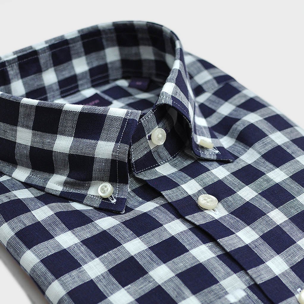 Check Linen Button Down Shirt in Blue Shades & White