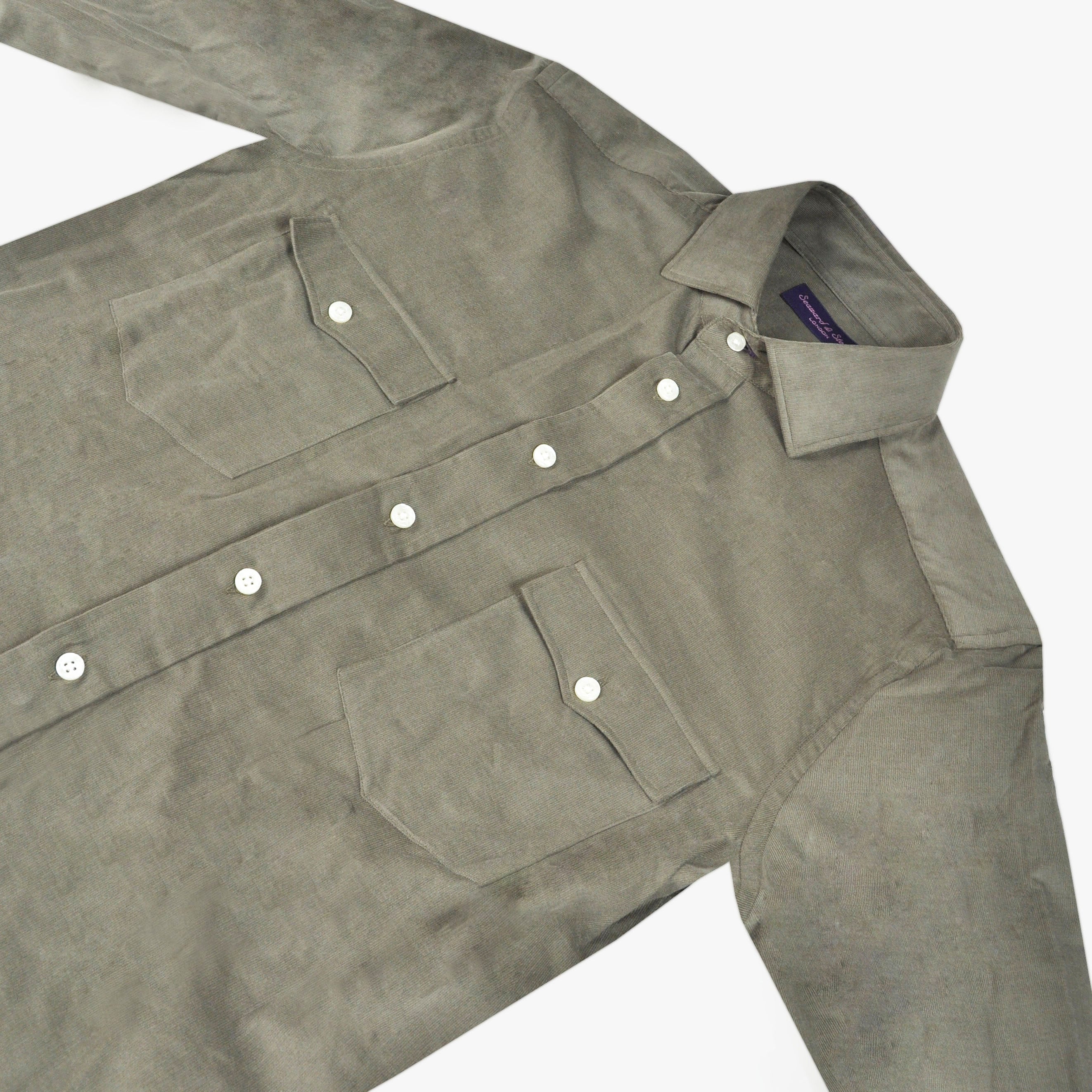 Fine Corduroy Spread Collar Shirt with Double Breast Pockets in Olive