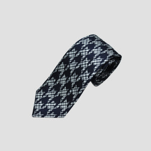 Houndstooth & Check Silk Tie in Navy Blue