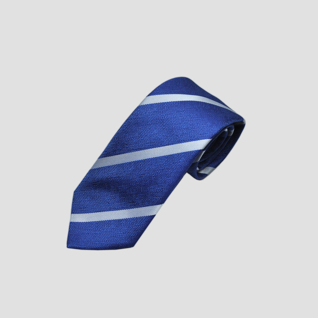 Stripes Tussah Silk Tie in Royal Blue & White
