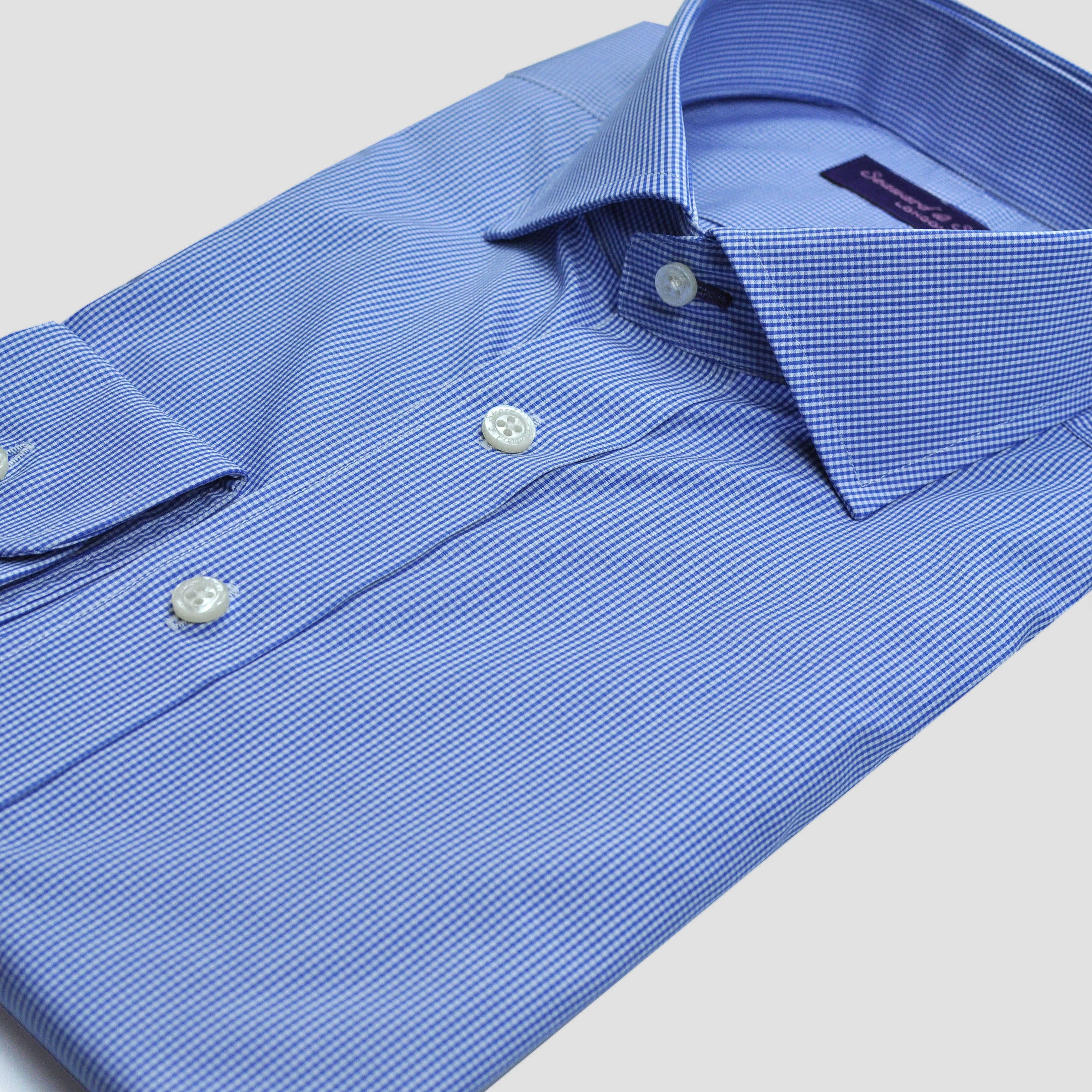 Spread Collar Micro Gingham Cotton Shirt in Blue