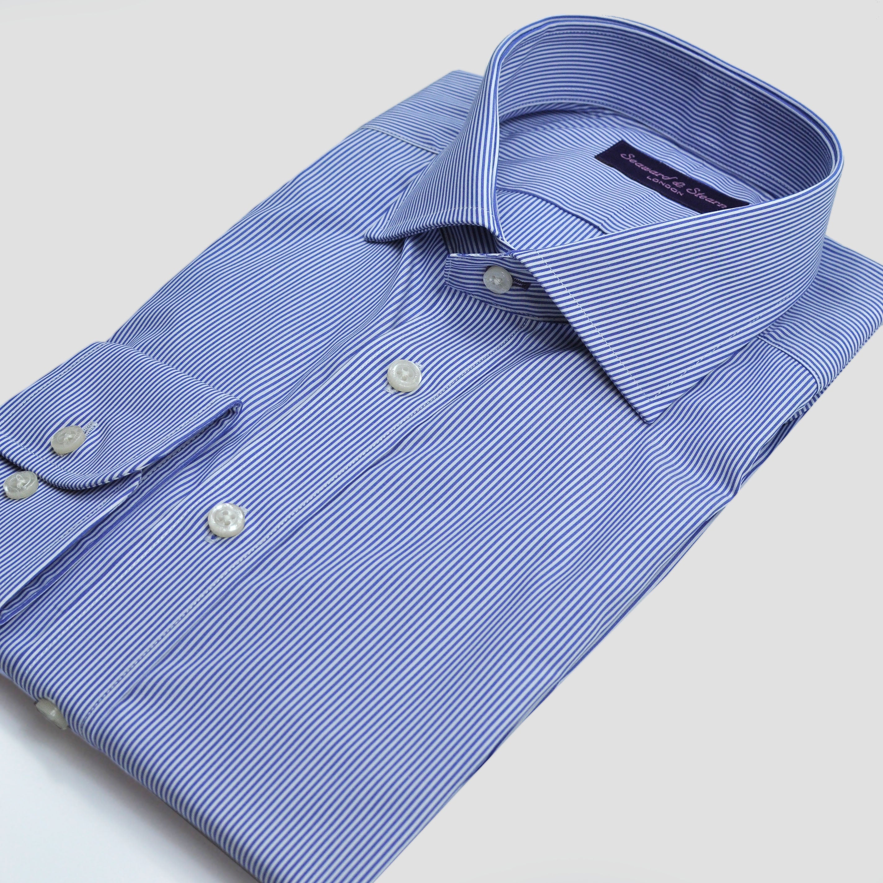 Spread Collar City Stripe Cotton Shirt in Blue