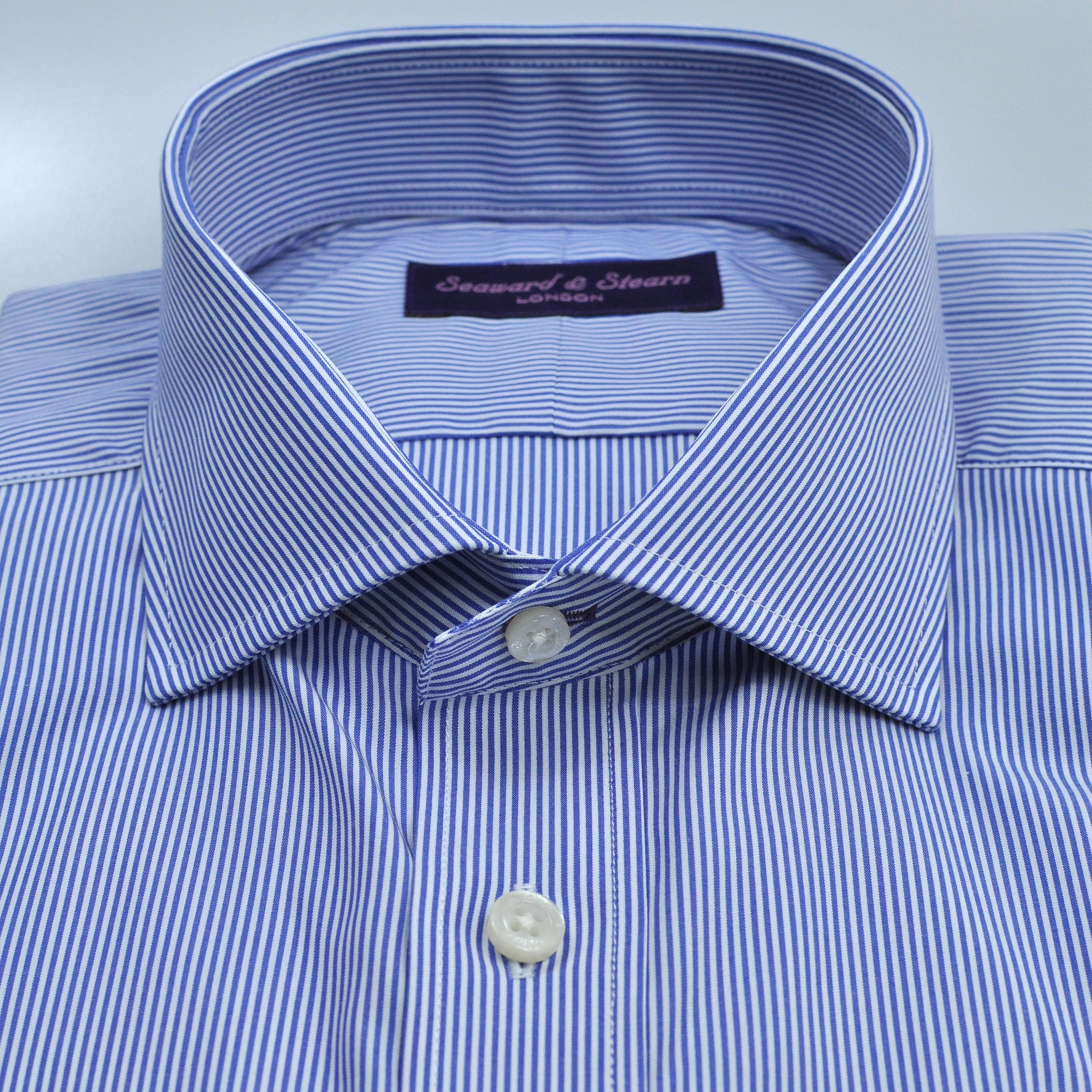 Spread Collar City Stripe Cotton Shirt in Blue