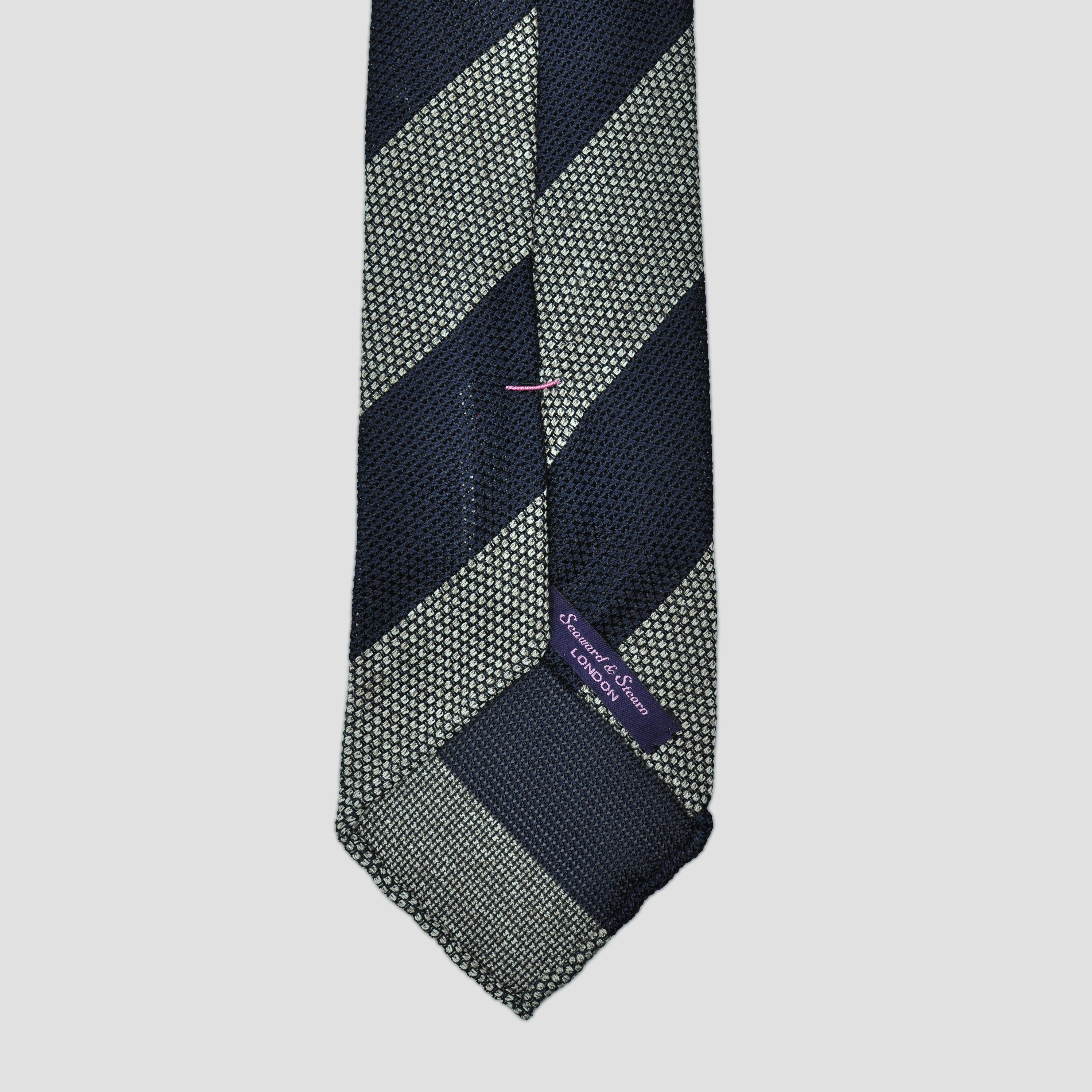 Handrolled Grenadine Silk Tie with Bold Navy & Grey Stripes