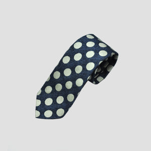 Handrolled Raw Silk & Linen Tie in Navy with White Spots