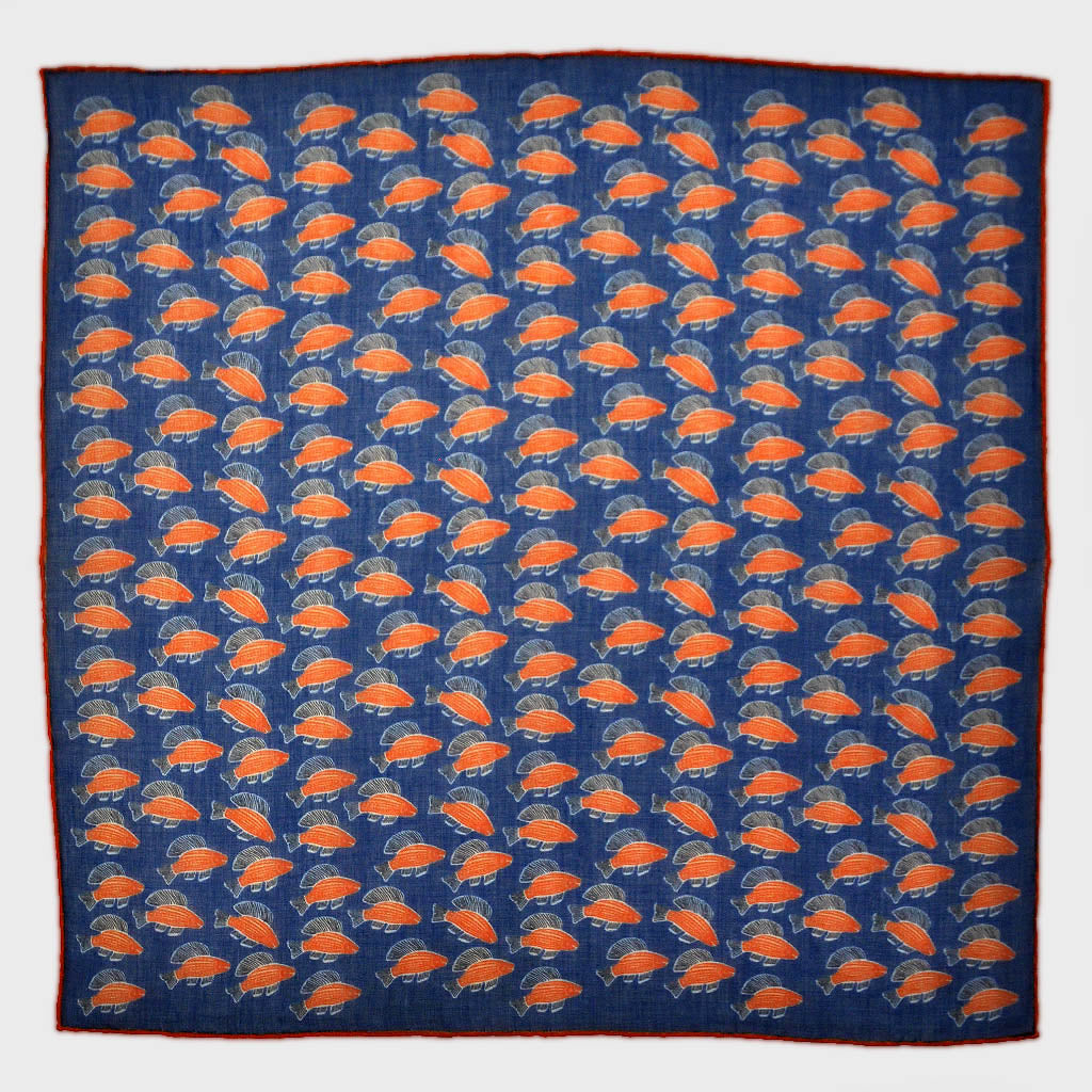 A Lot of Fish Cotton & Cashmere Pocket Square in Royal Blue & Orange