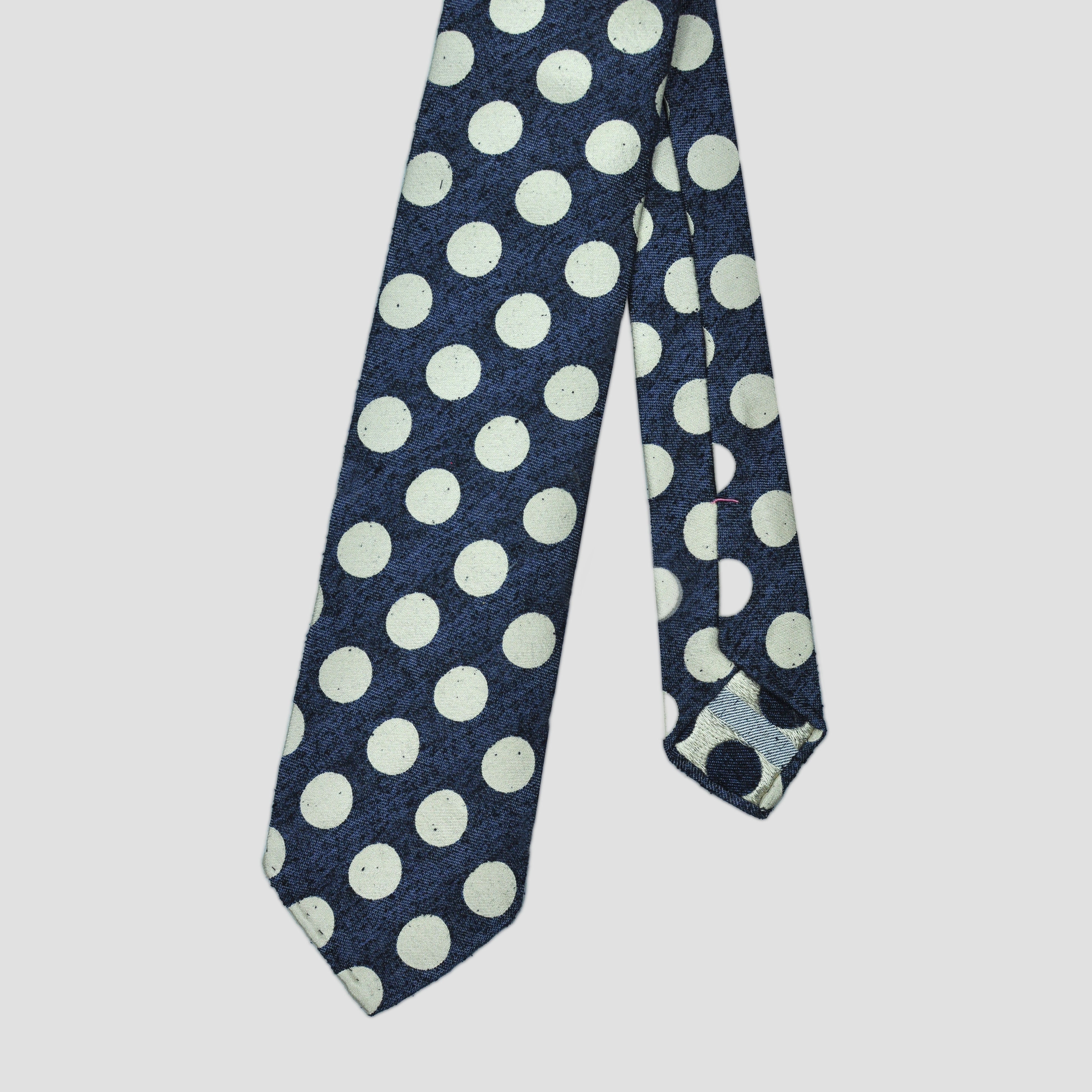 Handrolled Raw Silk & Linen Tie in Navy with White Spots