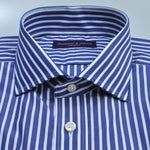 Spread Collar Block Stripe Cotton Shirt in Blue