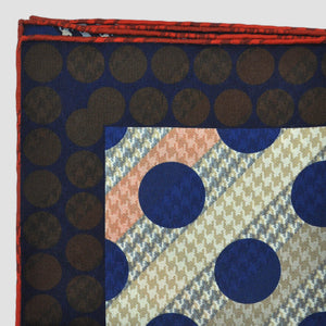 Spots & Stripes & Puppy Teeth Reversible Panama Silk Pocket Square in Brown, Blue & Red