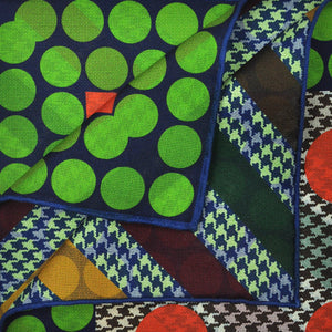 Spots & Stripes & Puppy Teeth Reversible Panama Silk Pocket Square in Green, Orange & Blue