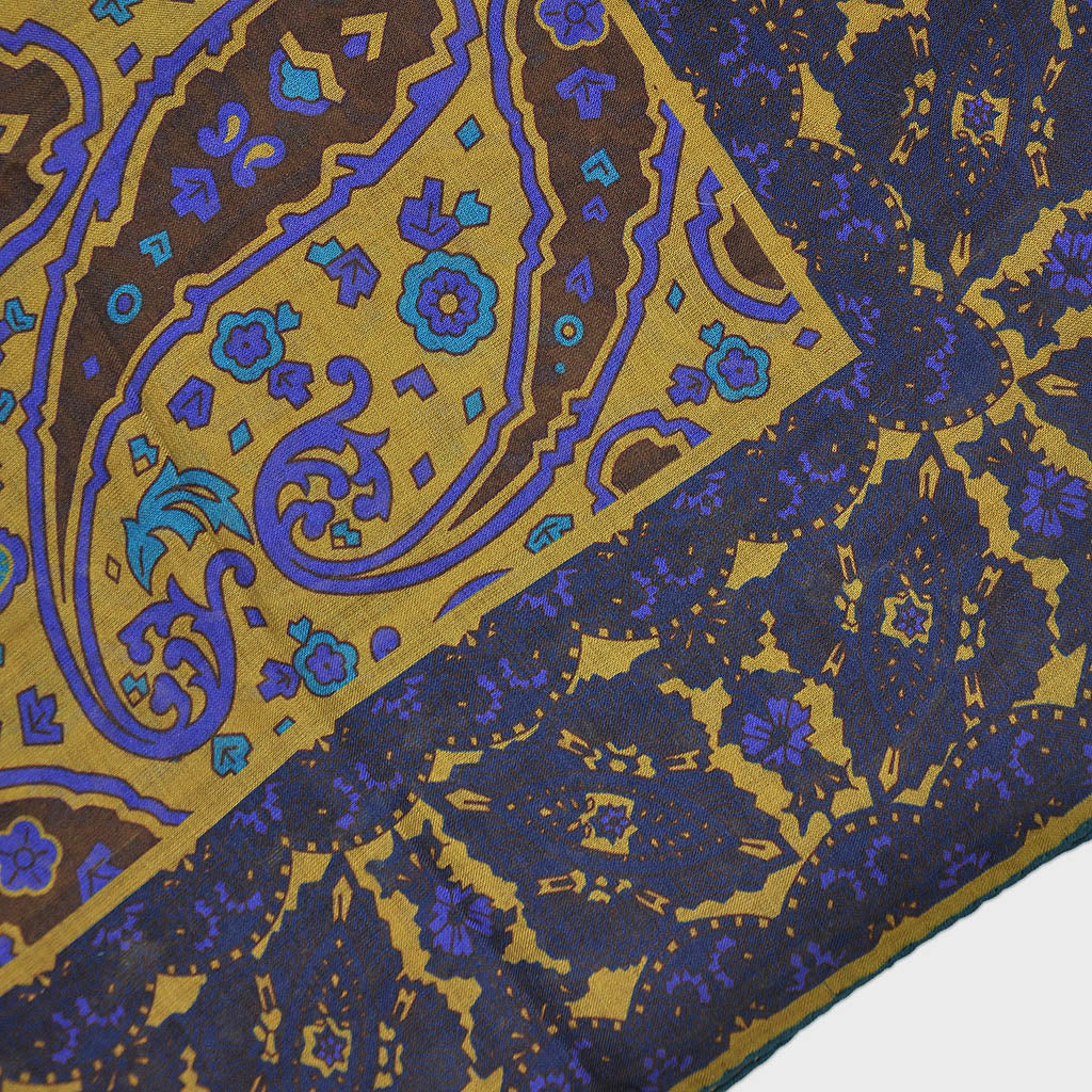 Wool Silk Paisley Leaf with Floret Border Large Square in Mustard & Blue