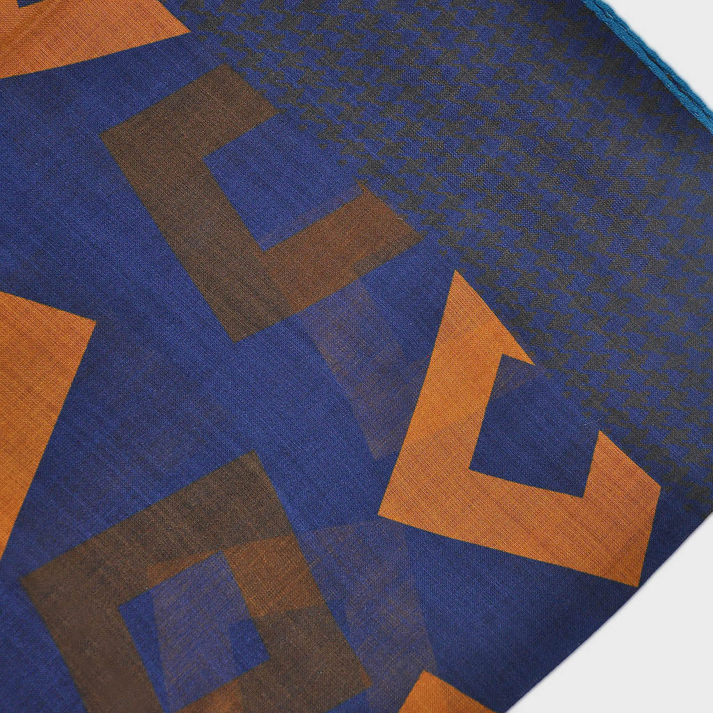 Wool Silk Geo's with Houndstooth Border Large Square in Blue & Brown