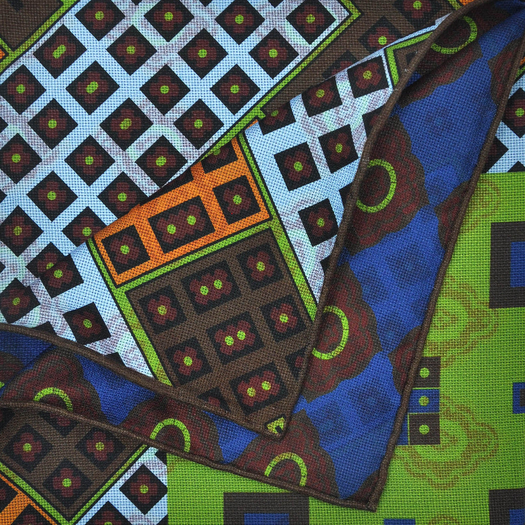 Florets & Squares Reversible Panama Silk Pocket Square in Lime, Claret, Royal Blue & Brown