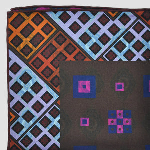 Florets & Squares Reversible Panama Silk Pocket Square in Blue, Brown, Ochre & Pink