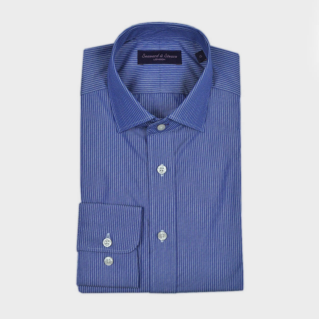 Spread Collar Blue Hairline Stripe Cotton Shirt