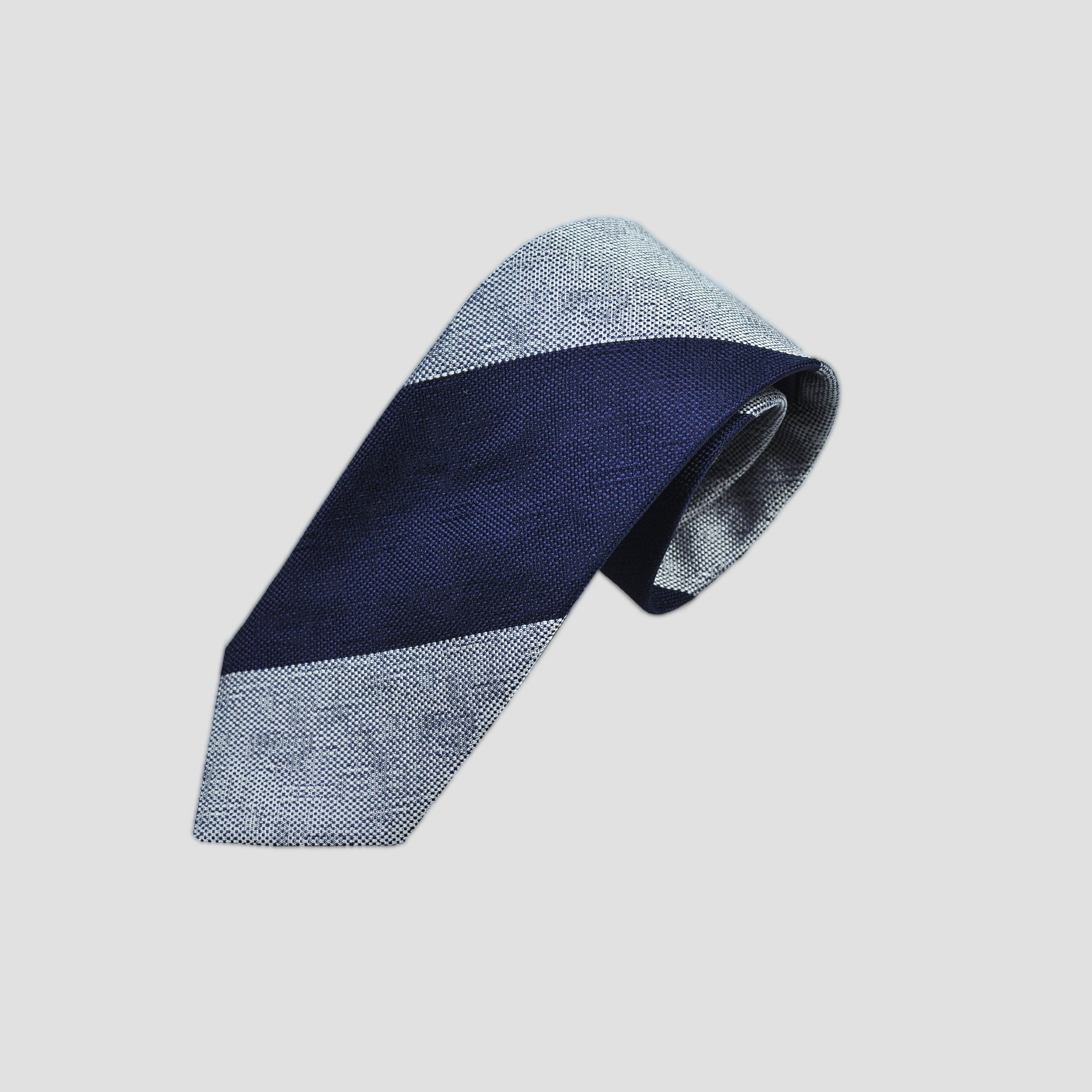 Bold Stripes Bottle Neck Silk Tie in Navy & Grey