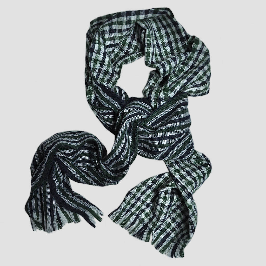 Gingham & Stripes Lambswool & Angora Scarf in Green & Blue