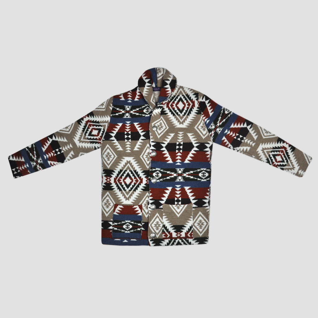 Merino Wool Heavy Weight Shawl Collar Aztec Style Cardigan in Browns, White & Blue