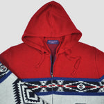 Merino Aztec Style Zip Hooded Cardigan in Red, White & Blue