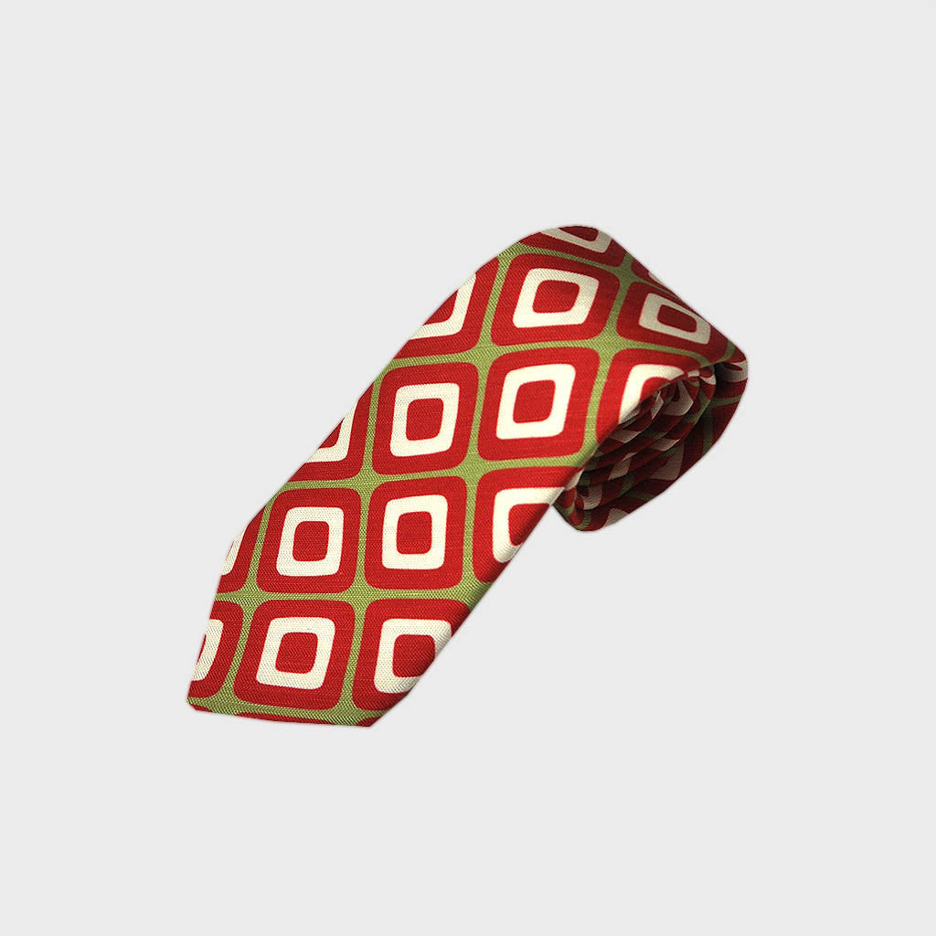 Retro Geometric Silk & Linen Tie in Olive & Red