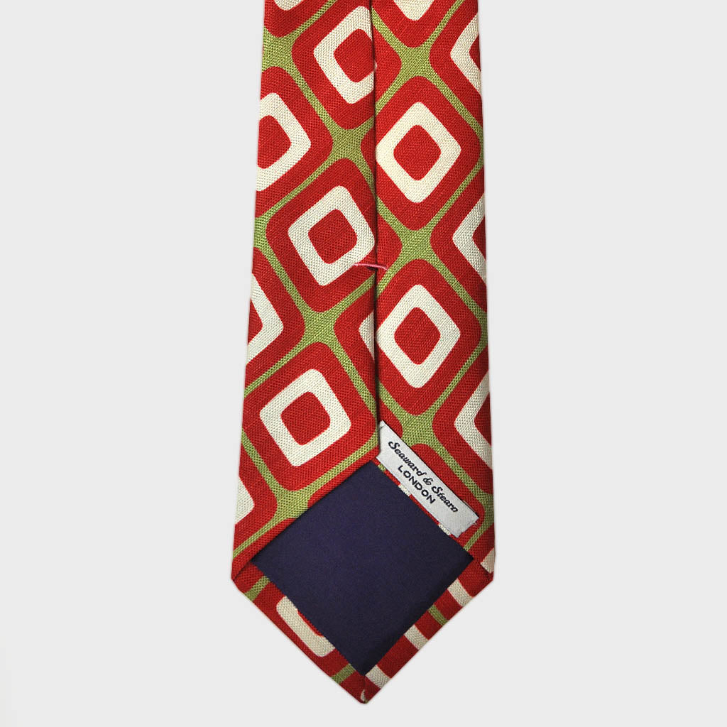Retro Geometric Silk & Linen Tie in Olive & Red