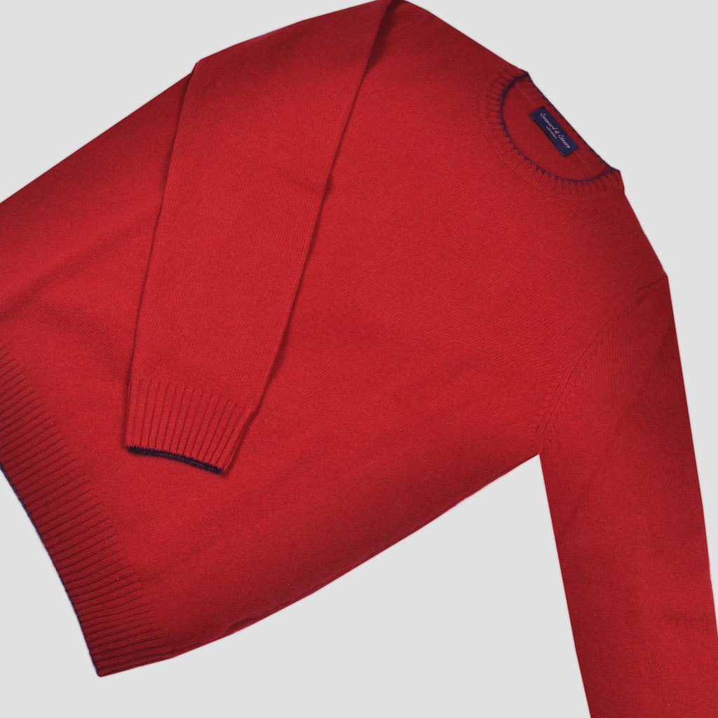 Merino Wool Crew Neck in Red with Navy Trim