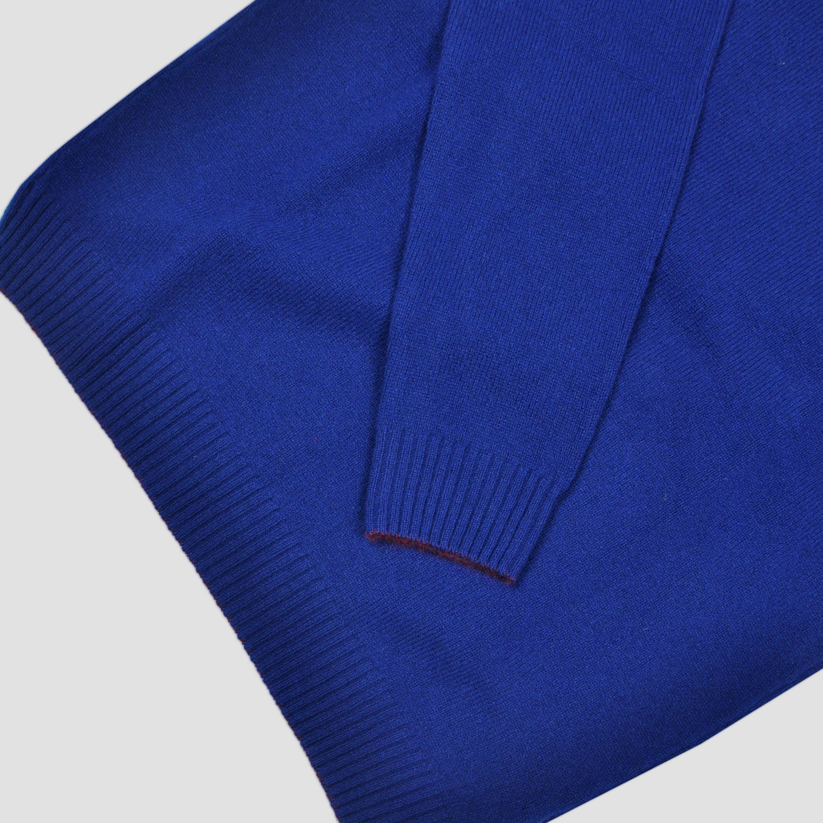 Merino Wool Crew Neck in Royal Blue with Claret Trim