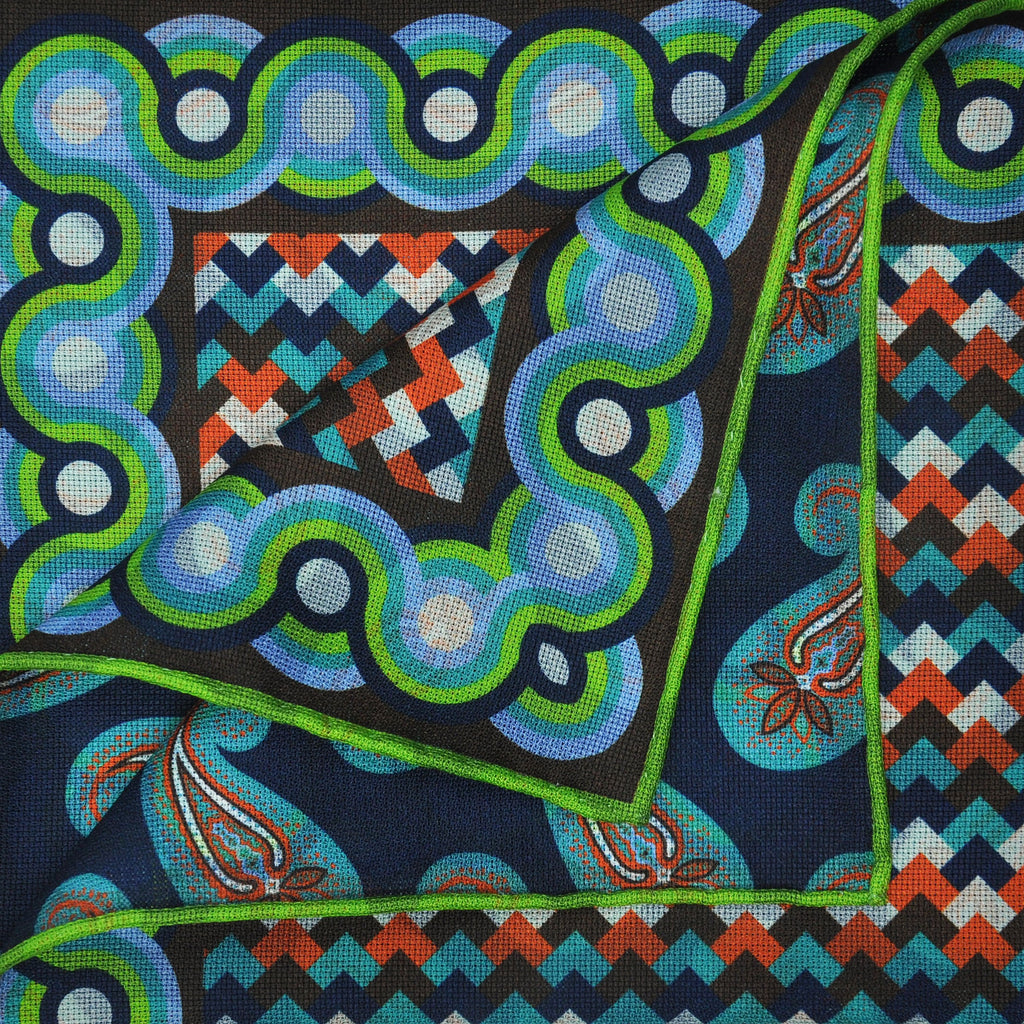 Deco & Tears Reversible Panama Silk Pocket Square in Blues, Lime & Teal