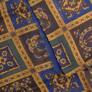 Wool Silk Mosaic of Medallions Scarf in Blue, Ochre, Green & Brown