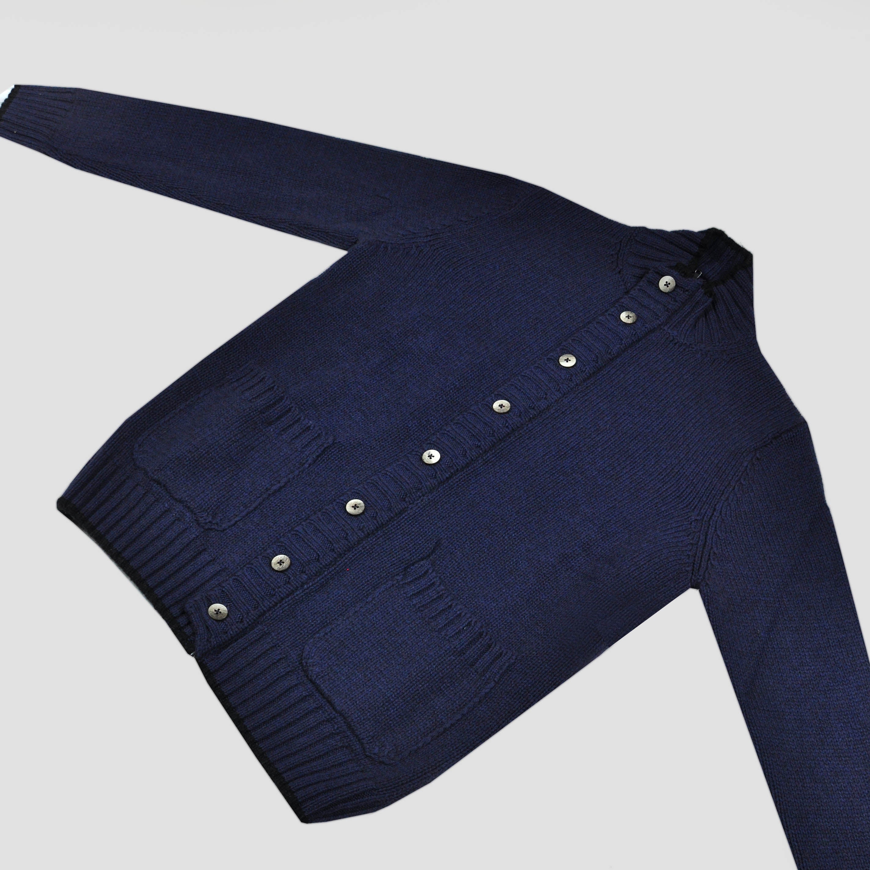 Chunky Yak's Wool Cardi in Blue with Charcoal Trim