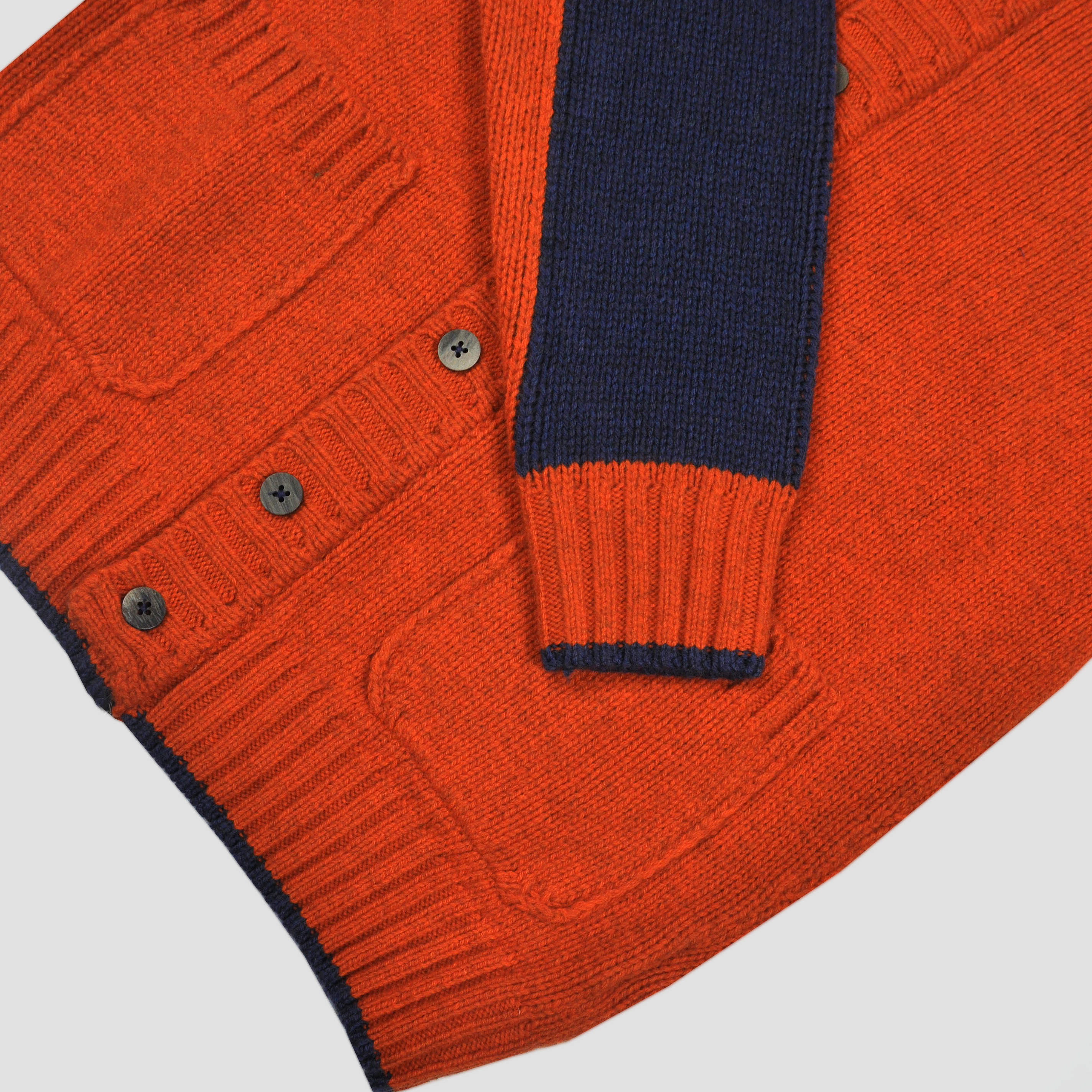 Chunky Yak's Wool Cardi in Orange with Dark Blue Trim