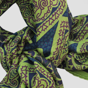 Wool Silk Large Square of Aztec Shapes & Pasiley Border in Greens & Blue