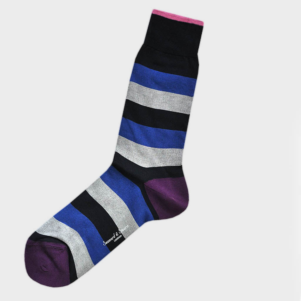 Bands of Colours Fine Cotton Socks in Navy, Blue & Grey