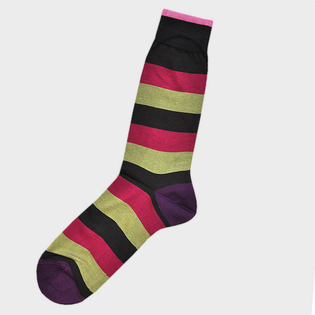 Bands of Colours Fine Cotton Socks in Brown, Lime & Red