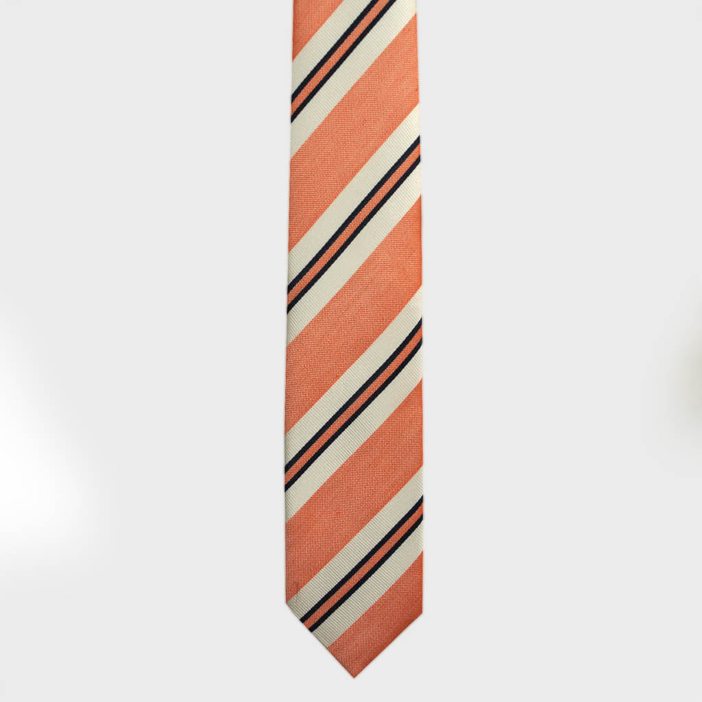 Blocks & Stripes Woven Silk Bottle Neck Tie in Pastel Red, White & Navy