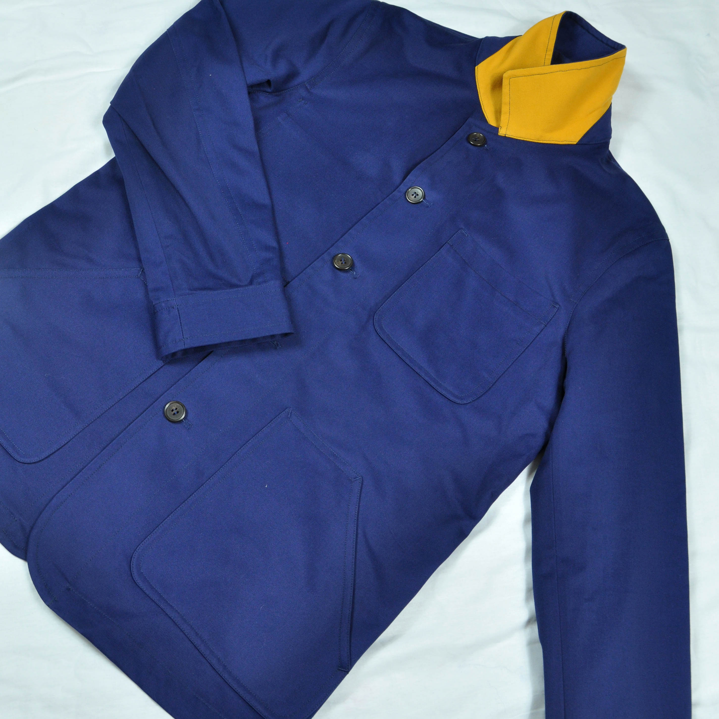 Heavy Cotton Worker Jacket in Royal Blue with Mustard (under) Collar