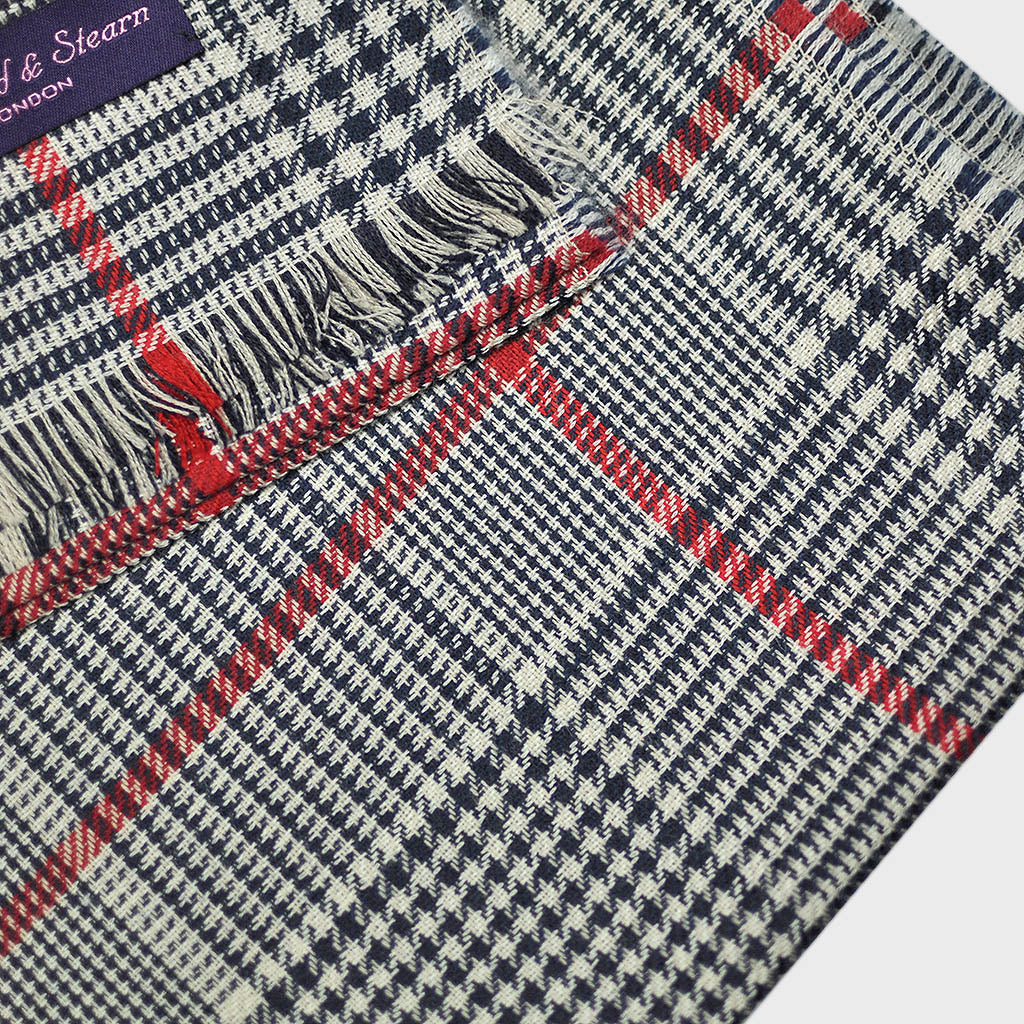 Ultra Fine Cashmere & Wool Check Scarf in Midnight Blue with a Flash of Red