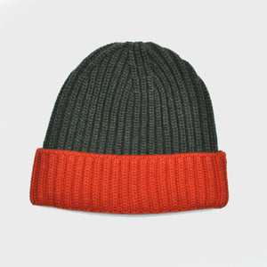 Four Ply Cashmere Winter Beanie in Olive Green & Orange
