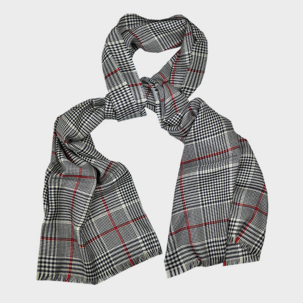 Ultra Fine Cashmere & Wool Check Scarf in Midnight Blue with a Flash of Red