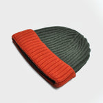 Four Ply Cashmere Winter Beanie in Olive Green & Orange