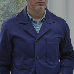 Heavy Cotton Worker Jacket in Khaki Green with Blue (under) Collar