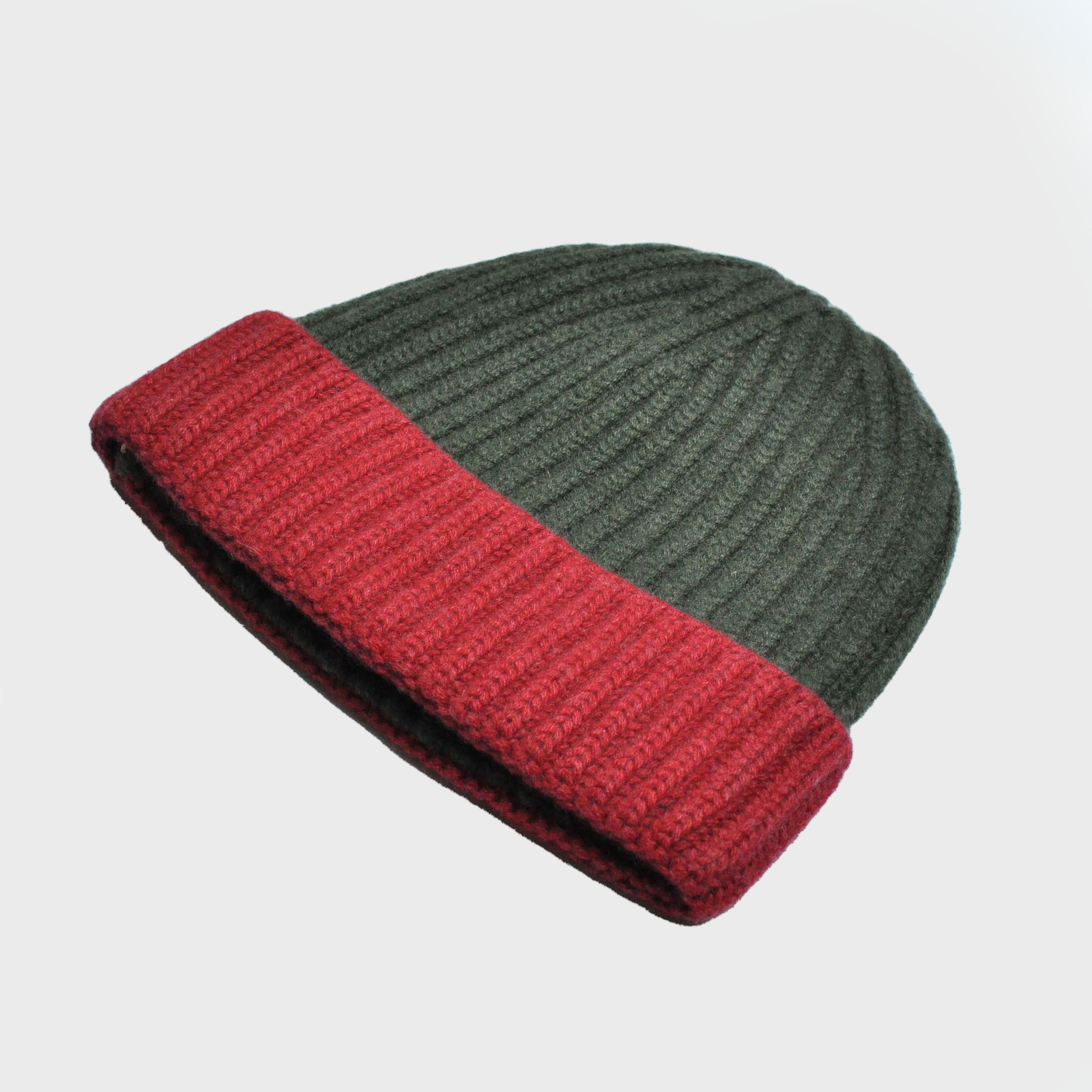 Four Ply Cashmere Winter Beanie Olive Green & Red