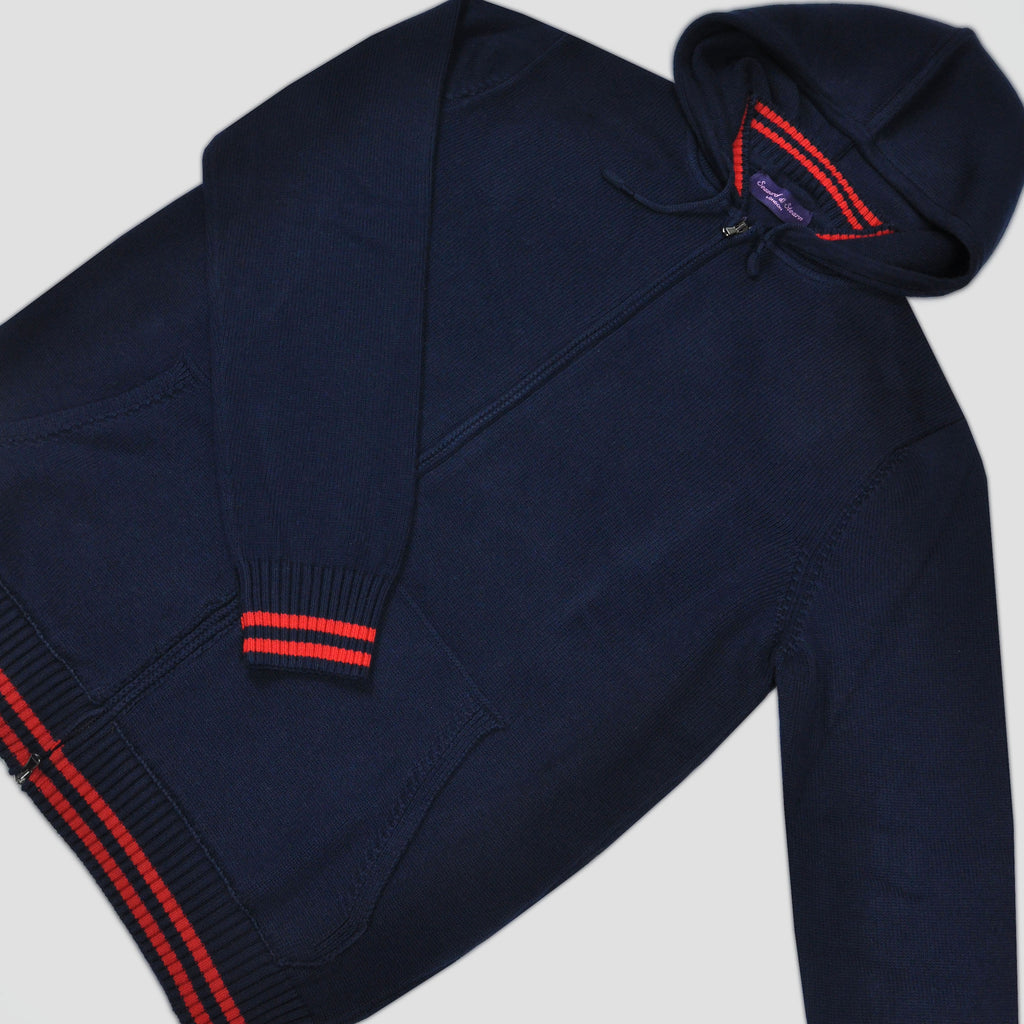 Cotton Zip-up Hooded Jumper in Dark Blue with Red Bands