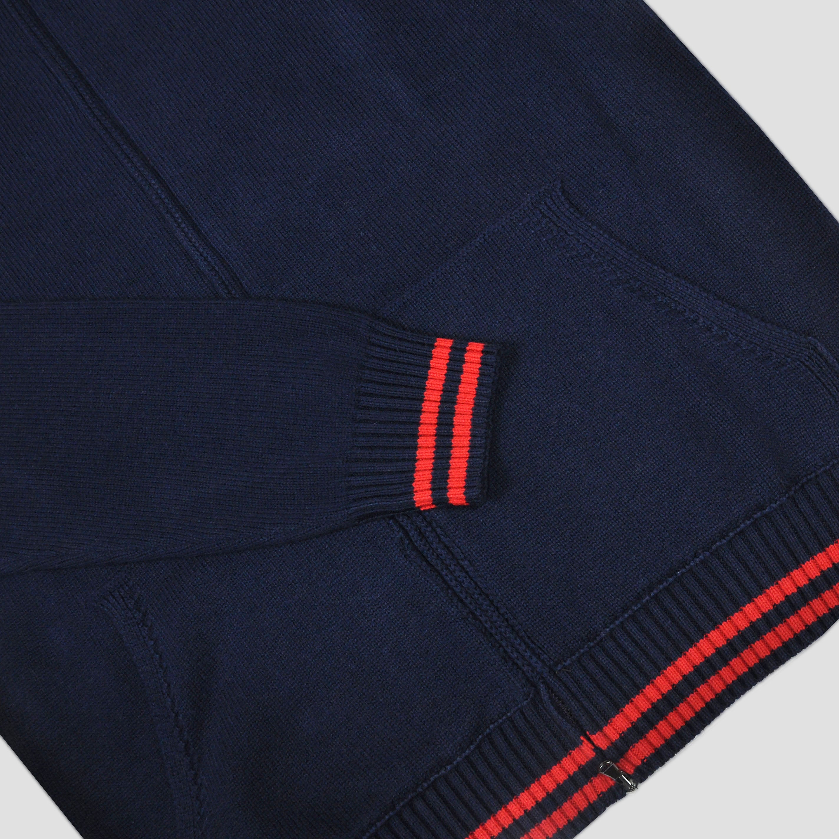 Cotton Zip-up Hooded Jumper in Dark Blue with Red Bands