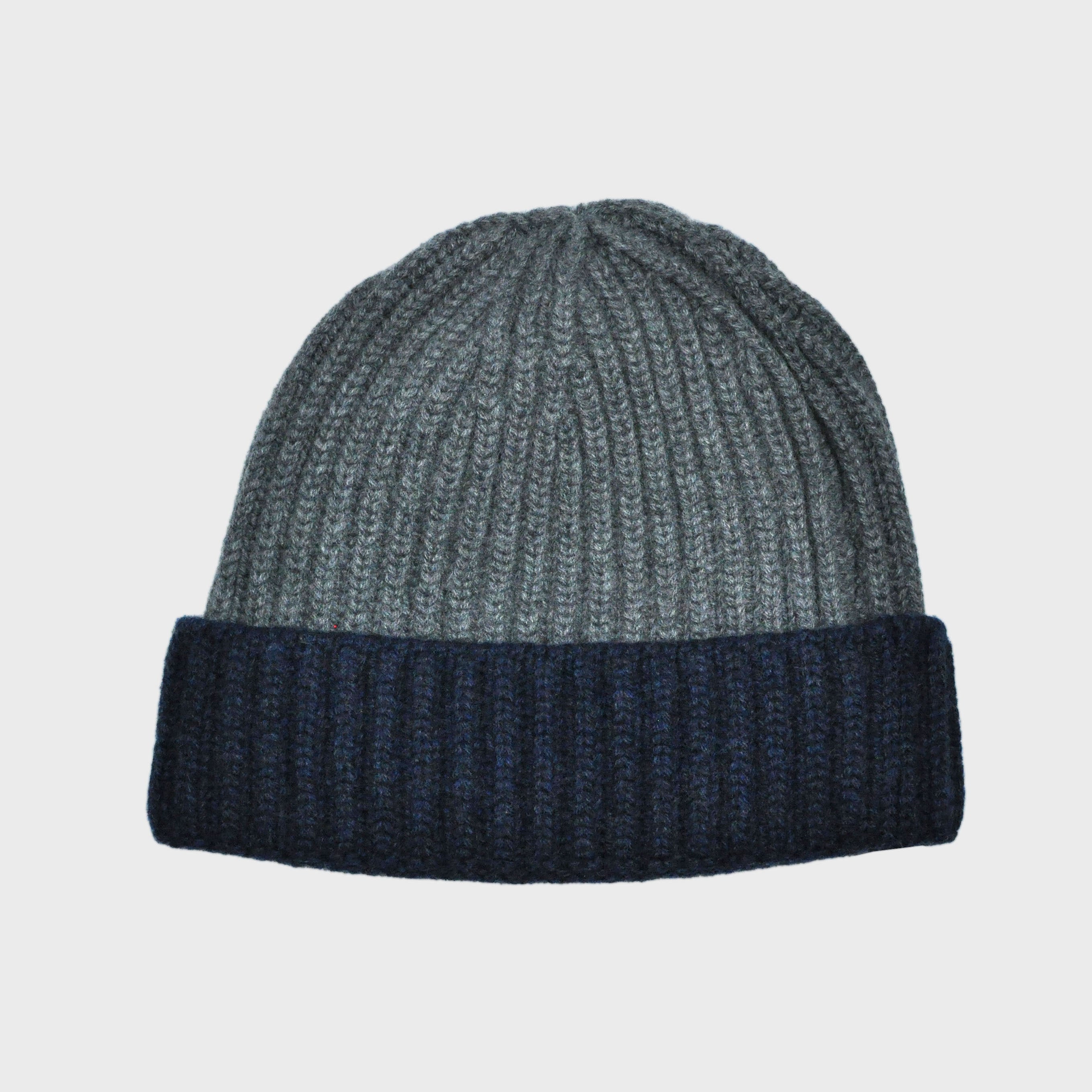 Four Ply Cashmere Winter Beanie in Grey & Navy