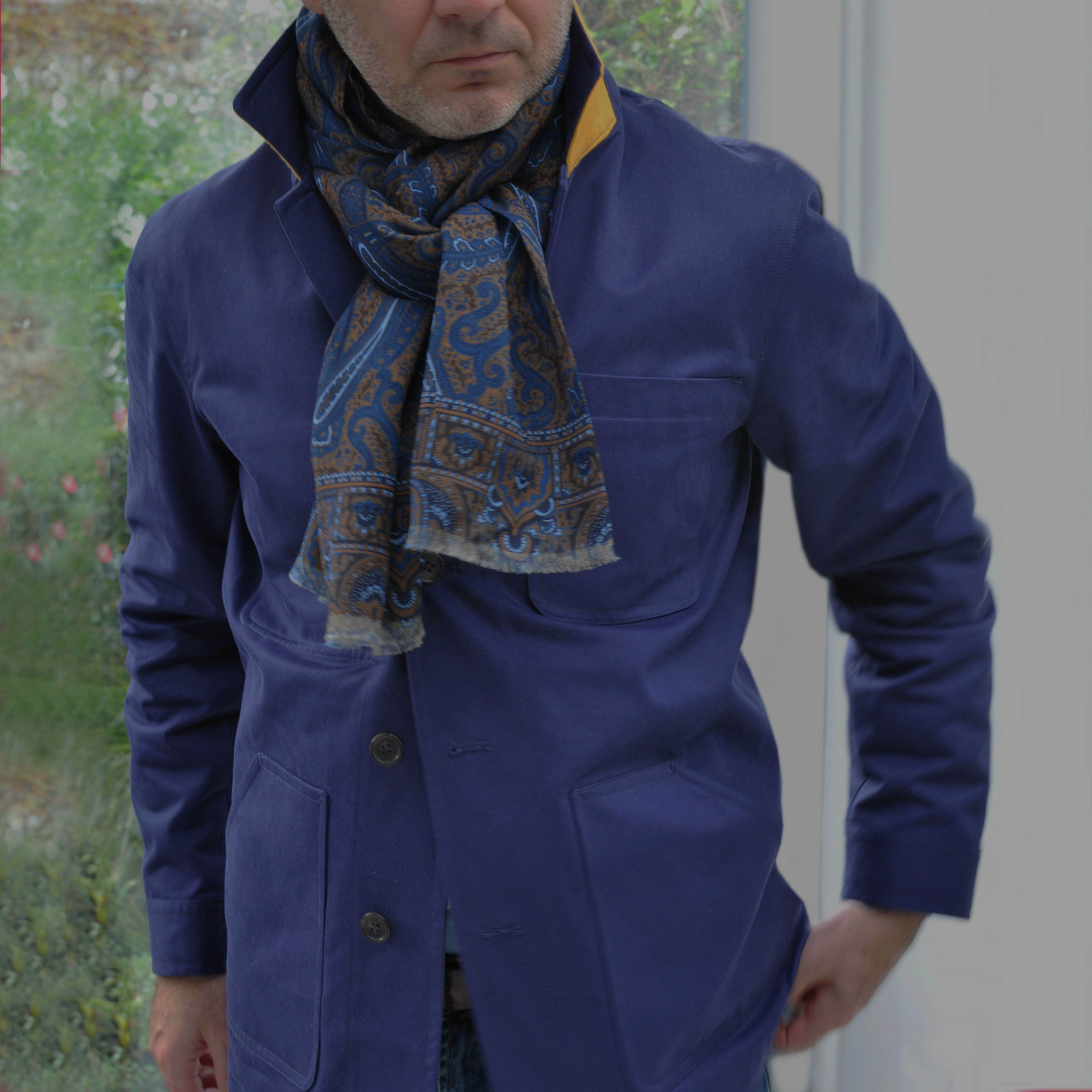 Heavy Cotton Worker Jacket in Navy Blue with Brown (under) Collar