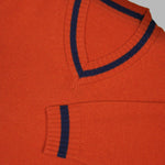 Merino Wool V-Neck Cricket Style Jumper in Orange with Blue Trim