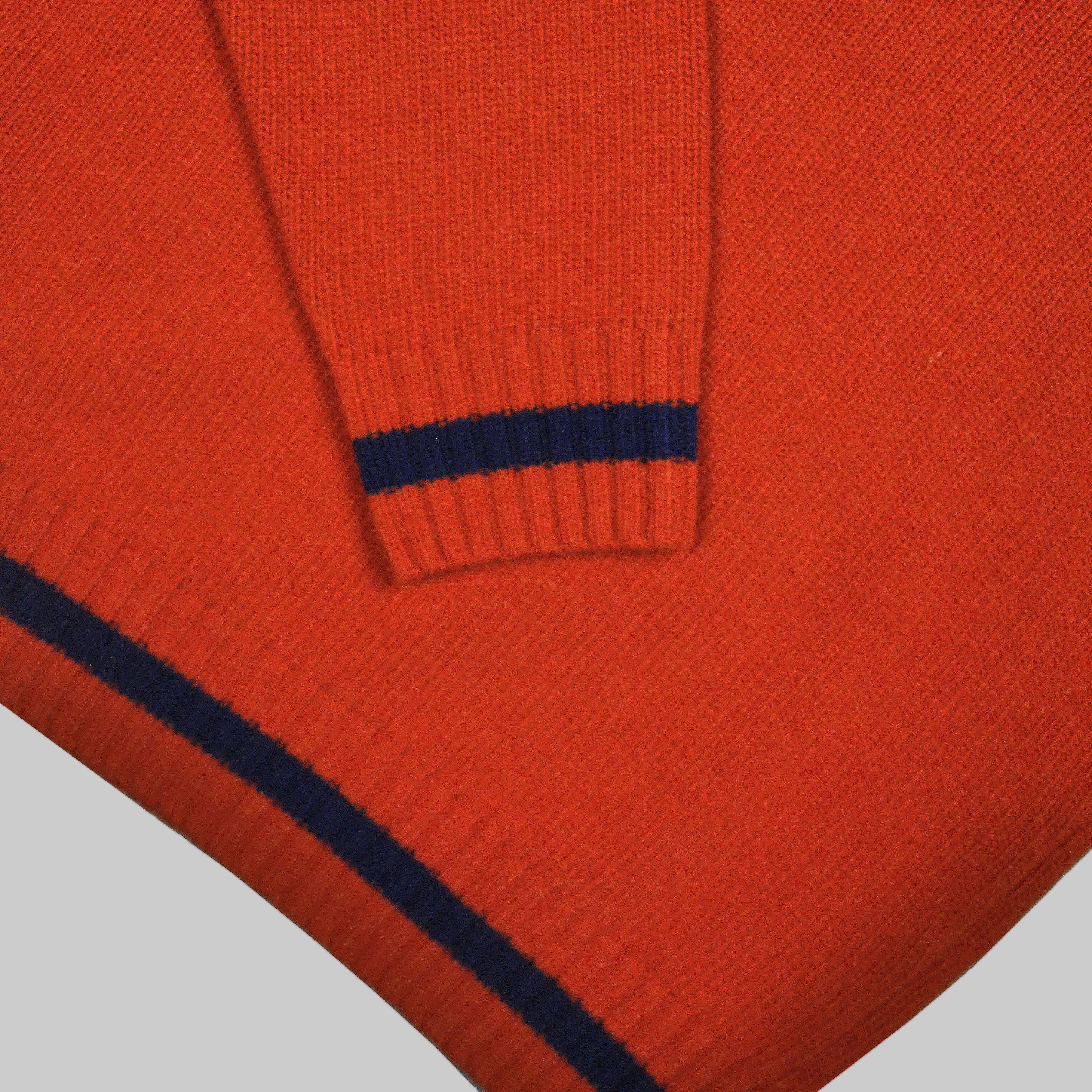 Merino Wool V-Neck Cricket Style Jumper in Orange with Blue Trim