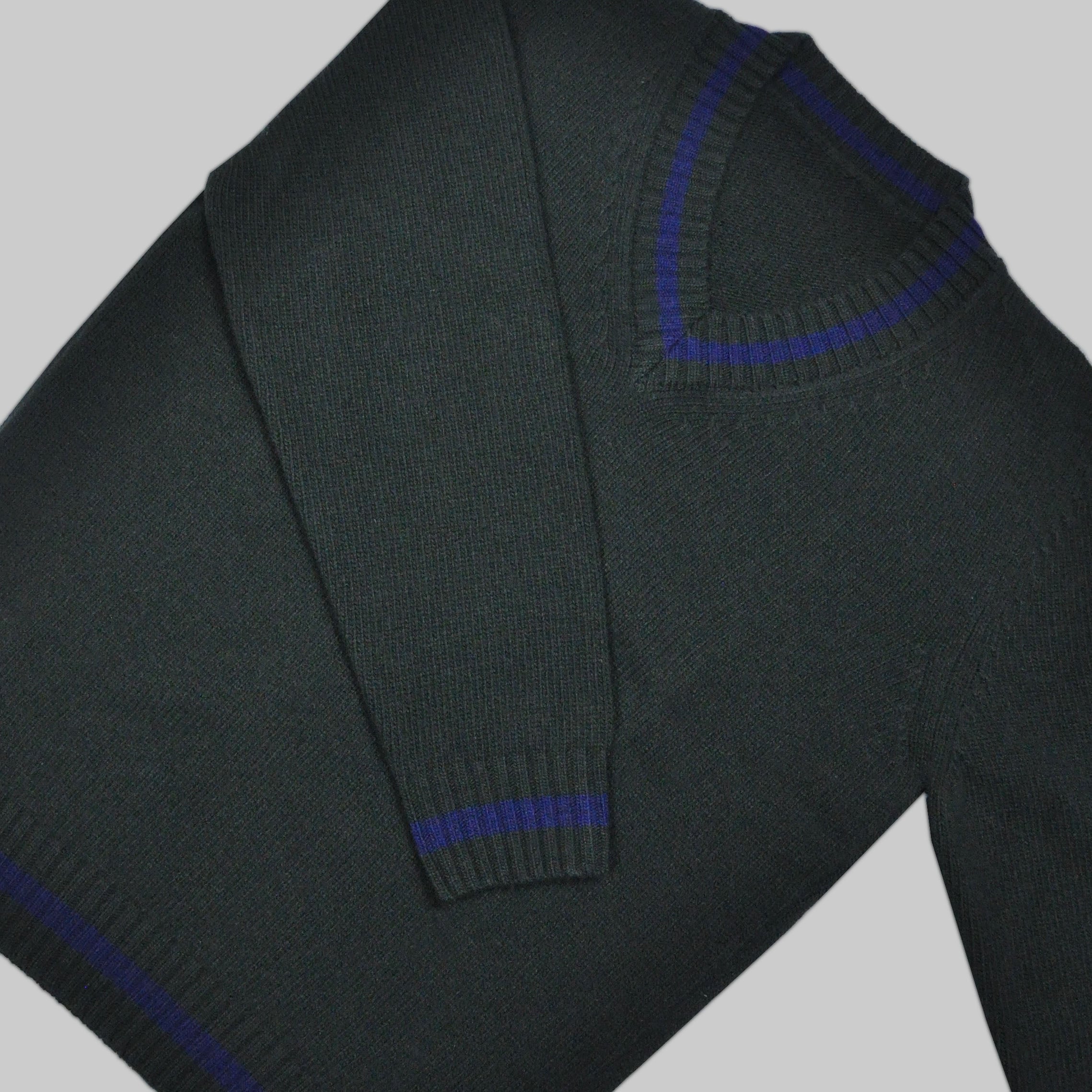 Merino Wool V-Neck Cricket Style Jumper in Green with Blue Trim