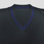 Merino Wool V-Neck Cricket Style Jumper in Green with Blue Trim